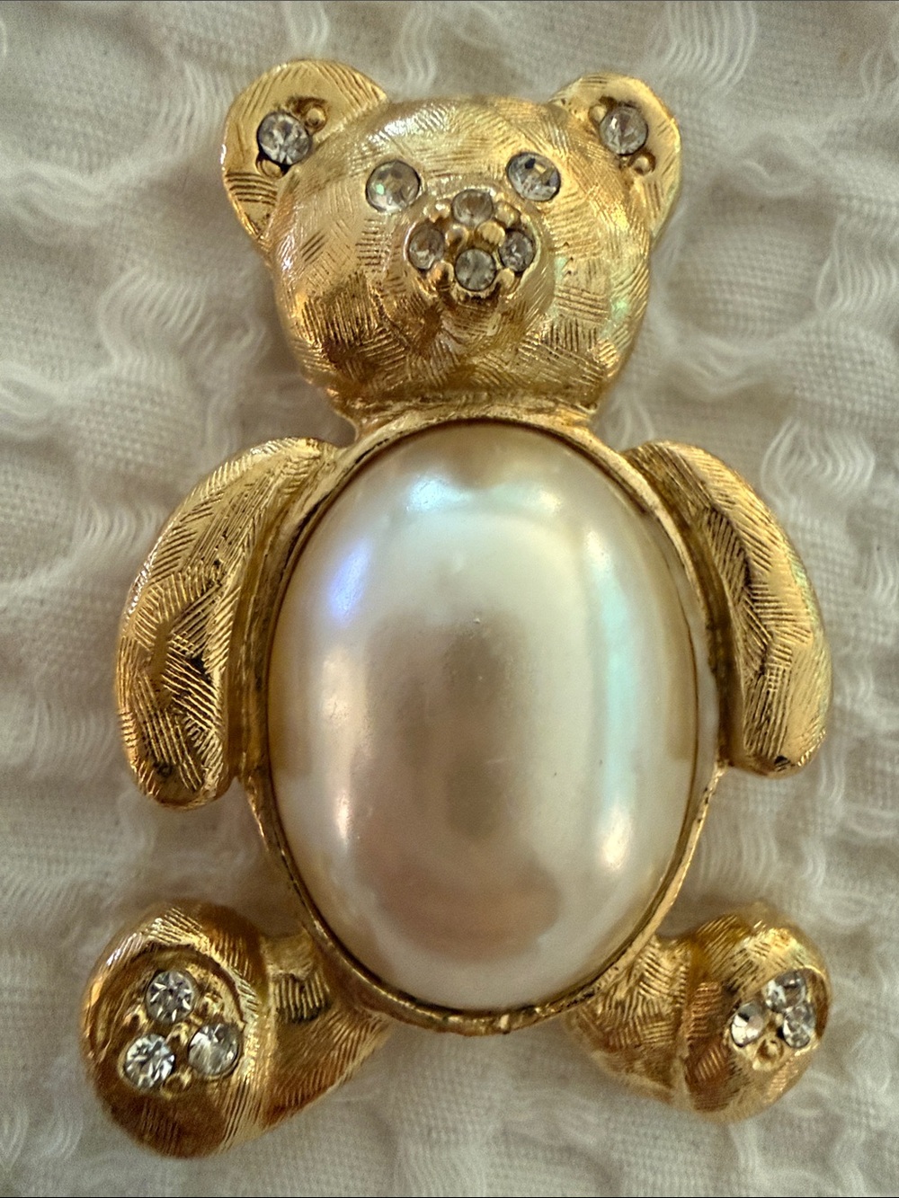 RICHELIEU Clear Rhinestone Faux Pearl Teddy Bear Brooch Pin
